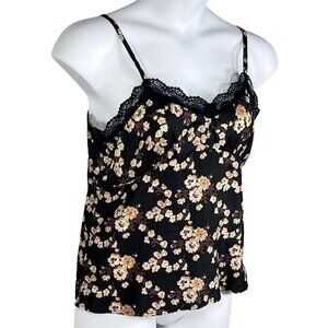 Y2K American Eagle Outfitters Womens 12 Silk Babydoll Dark Floral Lace Trim Cami